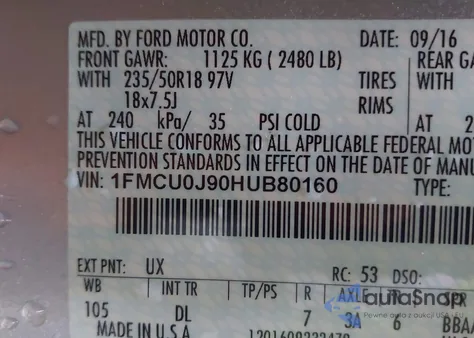 2017 Ford Escape Titanium z USA, uszkodzony, nr VIN 1FMCU0J90HUB80160